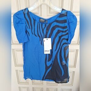 Only Love Collection Pullover Blouse Cute JSzM Puff Sleeve Blk/Blu Crepe Fabric